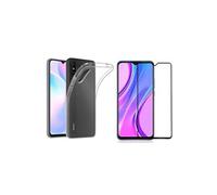 Pack coque transparente en TPU et Protection écran vitre en verre trempé FULL cover noir pour Xiaomi Redmi 9A 4G - pochette