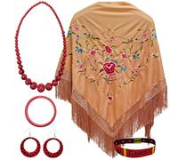 Pack d'accessoires flamants roses : châle de Manille brodé avec fleurs, collier, bracelet, boucles d'oreilles et bracelet brodé, pour fêtes populaires et événements (Ocre Fleur)