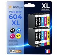 Pack de 10 Cartouches Compatible pour Epson 604XL Noir & Couleurs Qualitoner