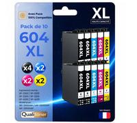Pack de 10 Cartouches compatible pour Epson 604XL Noir et Couleurs Qualitoner