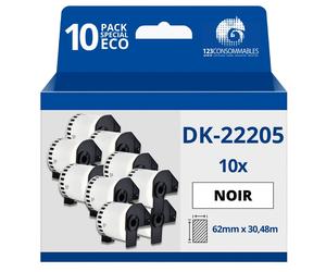 Pack de 10 Rouleaux Étiquettes compatible avec BROTHER DK-22205 - Largeur 62 mm x 30,48 mètres - T
