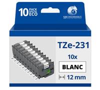 Pack de 10 Rubans adhésifs compatible avec Brother TZe-231- Texte noir sur fond blanc - Largeur 12 mm x 8 mètres
