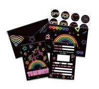 Pack de 12 Cartes d'Invitation Anniversaire thème Licorne Néon en Français, invitation anniversaire fille Arc-en-ciel party à gratter, Invitation Néon créative à Gratter avec enveloppe et Stickers