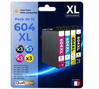 Pack de 12 Cartouches compatible pour Epson 604XL Noir et Couleurs Qualitoner