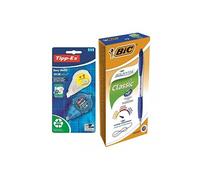 Pack de 12 stylos bille bleu Atlantis + ruban correcteur Bic G