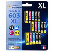 Pack de 15 Cartouches compatible pour Epson 603XL Noir et Couleurs Qualitoner