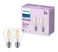 Philips pack de 2 ampoules LED E27, 60W, transparentes, 4000K, blanc froid, verre