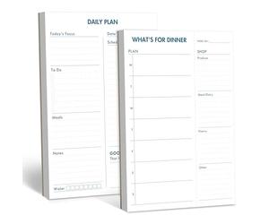Pack de 2 Bloc-notes Magnétiques, Que Fait-on pour le Dîner ? & Plan Quotidien, Bloc-notes de Planification Hebdomadaire de Repas et Liste de Courses à Détacher, Menu Familial pour Réfrigérateur