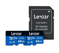 Pack de 2 Cartes mémoire micro SDXC Lexar 633X UHS-I C10 64 Go Noir et bleu