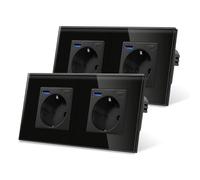 Pack de 2 CNBINGO Prise double en verre avec ports USB (prise en charge des types C et A, charge rapide 20W) - Prise double encastrée en noir - Prise murale Schuko avec contact de protection et cadre