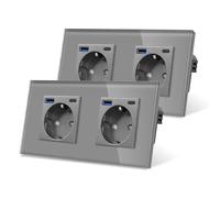 Pack de 2 CNBINGO Prise double en verre avec ports USB (prise en charge des types C et A, charge rapide 20W) - Prise double encastrée en gris - Prise murale Schuko avec contact de protection et cadre