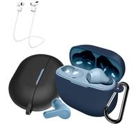 Pack De 2 Coques En Silicone Liquide Ultra-Fines Pour Jbl Wave 200tws - 2 Mousquetons & 2 Dragonnes Anti-Perte - Noir/Bleu