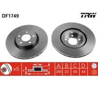 Pack de 2 - Disque de frein DF1749 TRW pour OPEL FIAT ALFA ROMEO LANCIA VAUXHALL