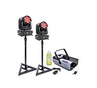 Pack de 2 Lyres DMX LED RGB Ibiza Light E-WASH100 100W - 2 pieds Supports SST02 - Machine à Fumée 1200W - Anniversaire Fête Dj
