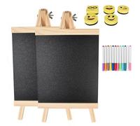 Pack de 2 Mini Ardoises avec Support Bois Pliable - Tableau Noir Craie et Tableau Craie - Dimensions 17,5 x 16 cm, Inclus 12 Crayons Fluorescents et 5 Effaceurs EVA avec Micro-aimant