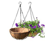 Pack de 2 paniers suspendus pour plantes 25 cm Pots de fleurs extérieurs avec doublure en fibre de coco Rond Support pour plantes en fil de métal avec chaîne Paniers suspendus métalliques pour