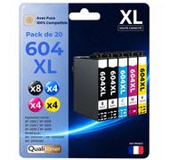 Pack de 20 Cartouches compatible pour Epson 604XL Noir et Couleurs Qualitoner