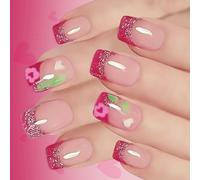 Pack De 24 Saint-Valentin Styles Français Paillettes Coeur Presses Courtes Sur Les Ongles Brillant Rose Flamme Design Faux Ongles Matériaux ABS Facile À Appliquer Plusieurs Tailles Multipacks