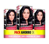Pack de 3 boîtes de coloration Color Sensation de Garnier : couleur vive et durable, couverture complète des cheveux blancs, application facile avec bol et pinceau, cheveux doux et soyeux, 2.10 Noir
