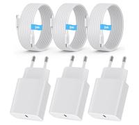 Pack de 3 chargeurs USB-C 20W + câble de 2m USB-C/Lightning - Compatible avec i-Phone 15/14/13/12 Pro Max/Mini, Samsung Galaxy S23/S22, Air-Pods Pro, i-Pad - Prise EU compacte Blanche.