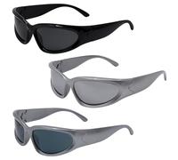 Pack de 3 Lunettes de Soleil Y2K, Ovales Vintage Futuristes Lunette de Soleil, Grands Modèles Enveloppants UV400 pour Homme Femme (Noir, Argent)