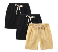 Pack de 3 shorts en coton et lin pour enfants, garçons et filles, pour l'école, sport, avec cordon de serrage, pour l'été, course, gym, sports, pantalons élastiques de plage, vêtements d'activité