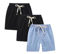Pack de 3 shorts en coton et lin pour enfants, garçons et filles, shorts d'école, de sport et d'athlétisme avec cordon de serrage, pour l'été, course, gym, sports, pantalons élastiques de plage