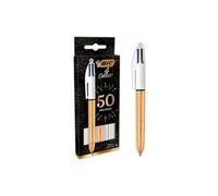 BIC 4 Couleurs, Stylo 4 Couleurs, 2 Stylos Bille Dorés Texturés Effet Givré et 1 Stylo à Bille Argenté Effet Métallisé, Pointe Moyenne (1 mm), Lot de 3