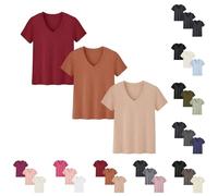 Pack de 3 T-shirts basiques pour femmes - Col en V - Uni - Manches courtes - Blouse d'été élégante et décontractée - Coton - Hauts d'été pour femmes - Tunique - Blouse - Hauts pour femmes - Tops pour
