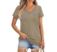 Pack de 3 T-Shirts Femme col V Manches Courtes - Léger & décontracté en Couleurs Assorties été 2025 (FR/ES, Alpha/Lettres, L, Taille Normale, Taille Normale, Kaki)
