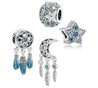 Pack de 4 breloques pour bracelet Pandora en argent sterling 925 avec oxyde de zirconium - Étoiles de mer océaniques, Spiritual DreamCatcher, plume, franges - Breloque pendante pour création de bijoux