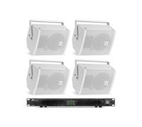 Pack de 4 Enceintes Blanches avec Amplificateur 100V/8 Ohms et Bobine de Câble - 400 Watts RMS