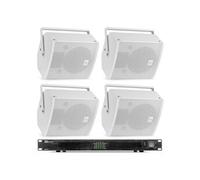Power Dynamics Pack de 4 Enceintes Blanches avec Amplificateur 100V/8 Ohms et Bobine de Câble - 600 Watts RMS Blanc