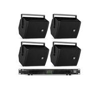 Power Dynamics Pack de 4 Enceintes Noires avec Amplificateur 100V/8 Ohms et Bobine de Câble - 400 Watts RMS, 4X Enceintes Murales 100 Watts RMS, Un Pack Complet pour Diffuser Une Ambiance Sonore
