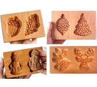 (Pack de 4)Moule à Biscuits en Bois Antiadhésif - Tampon à Motifs 3D pour Sablés, Gâteaux de Lune et Cookies - Accessoire de Décoration Culinaire pour Fêtes et Automne