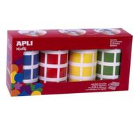 APLI Pack 4 rouleaux de gommettes carrées 20 mm – couleurs assorties bleu, rouge, vert, jaune