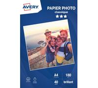 AVERY - 40 feuilles de papier photo 180g/m² brillant. Format A4. Impression jet d'encre.