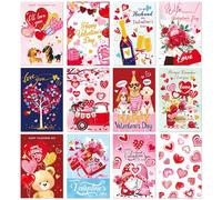 Pack de 48 Cartes de Saint-Valentin, 12 Modèles Uniques avec Autocollants et Enveloppes Roses pour Valentine's Day, Cartes d'Anniversaire 4x6 Pouces pour Mari, Femme, Petit Ami, Petite Amie, Famille