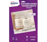 Pack de 5 feuilles stickers rondes brillants A4 Avery Dennison Transparent pour imprimantes jet d'encre