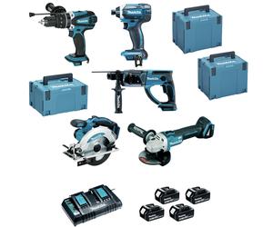 Pack de 5 machines MAKITA 18V - Perfo-burineur + Visseuse + Perceuse à percussion + Meuleuse + Scie circulaire - MAKITA - avec 4 batteries 18V 5Ah + chargeur rapide + 3 MAKPAC - DLX5039PTJ