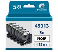 Pack de 5 Rubans compatible avec DYMO D1 45013 - Texte noir sur fond blanc - Largeur 12 mm x 7 mètres