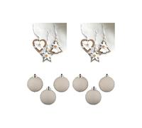 PACK DE 6 BOLAS DE NAVIDAD BLANCAS 60MM MÁS 6 ADORNOS NAVIDEÑOS MADERA DE YUTE