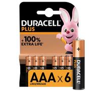 Pack de 6 piles alcalines AAA Duracell Plus 1.5V LR03 Noir
