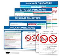 Pack de 7 Affichage Obligatoire Code du Travail Panneaux Autocollants Adhésif 4x 200x300mm Contenu Différent 2x Interdiction de Fumer 150x200mm Avec Stylo Effaçable Pour Entreprises et Restaurants
