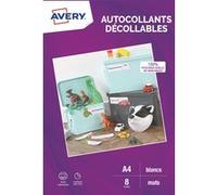 Pack de 8 feuilles autocollantes mates A4 Avery Dennison Blanc pour imprimantes jet d'encre G