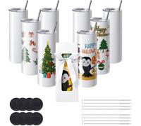 pack de 8 gobelets droits à sublimation, gobelets vierges de 20 oz, gobelets à double paroi en acier inoxydable avec paille, couvercle, brosse, fond, film rétractable, boîte cadeau, pour presse à chal