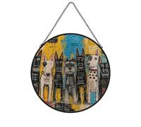 Pack de Chiens de Rue Ornement Style Vitrail 20x20cm pour la Maison | Néo expressionniste et Couleur urbaine sur verre décoratif, 7.8x7.8in (20x20cm), avec chaîne en métal pour la véranda