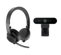 Pack de collaboration vidéo Bluetooth professionnel Logitech Webcam Brio UHD 4K + casque sans fil Zone - Noir