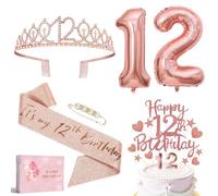 Pack de décoration pour anniversaire de 12 ans fille, Couronne Happy Birthday et écharpe, 12 ballons anniversaire or rose, Bougie décoration anniversaire 12 ans, Cadeau pour amie, w917