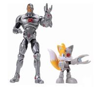 Pack de Figurines DC x Sonic Tails et Cyborg, sous Licence Officielle Jakks Pacific, Comprenant des Figurines Classiques de 6,35 cm et 12,7 cm, Design détaillé et articulé. Collection Sonic x DC.
